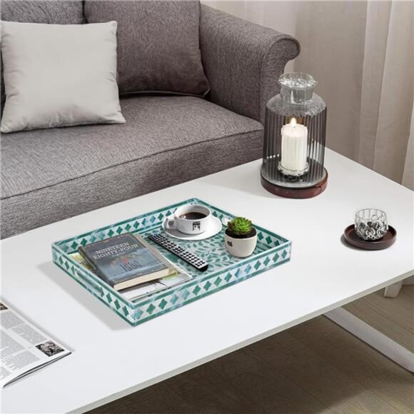 Green Rectangular Serving Tray Decorative Plastic Tray with Handles for Home - Picture 6 of 8